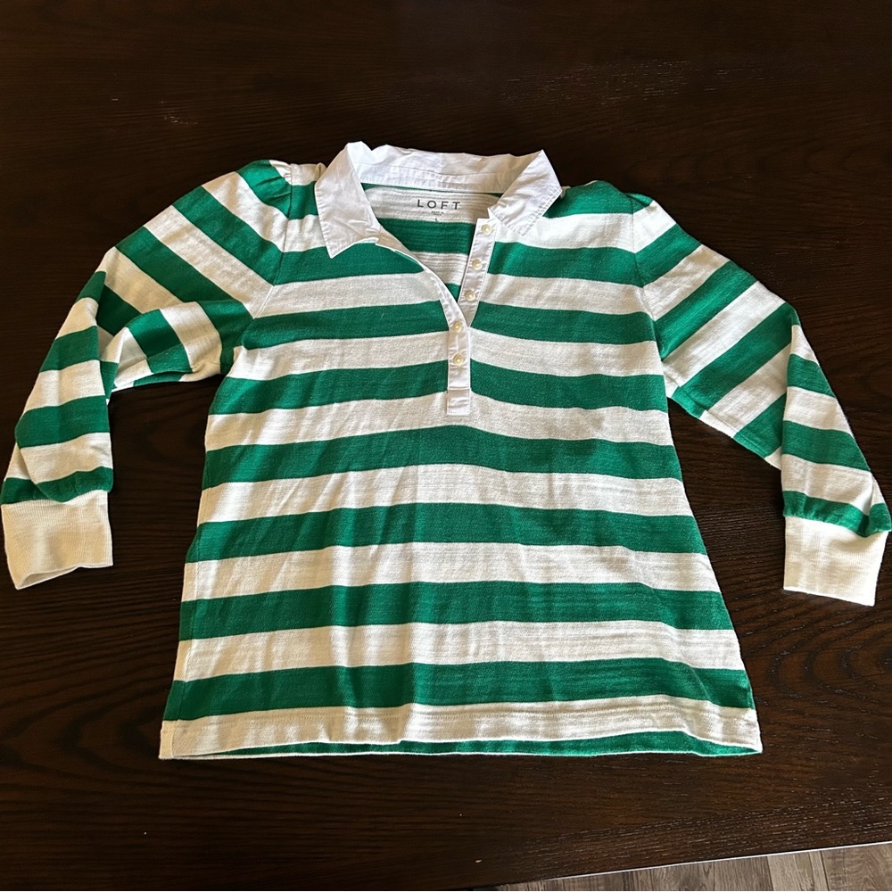 4 for $15✨ LOFT green rugby striped top